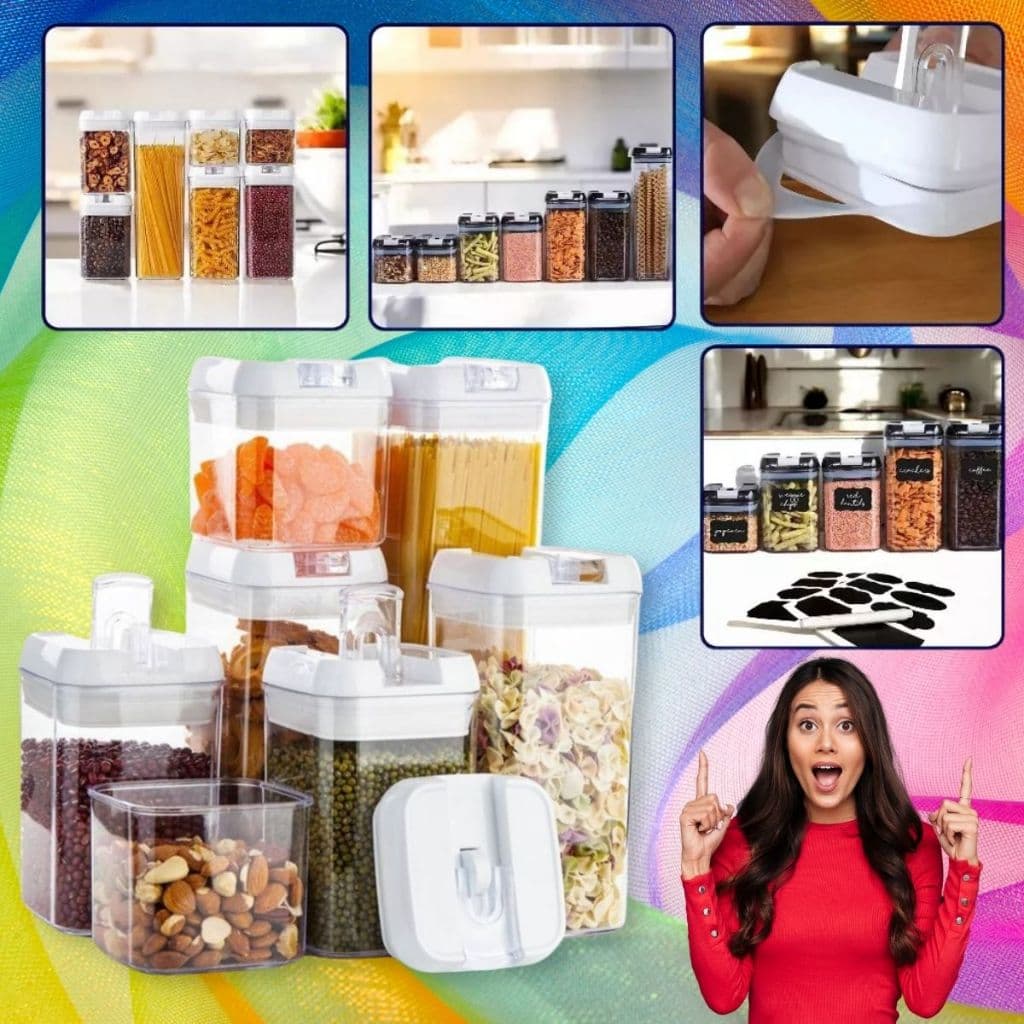 Kit 7 Potes Empilhável Herméticos Transparente Resistente Cozinha Armário Organiza Alimentos Pote