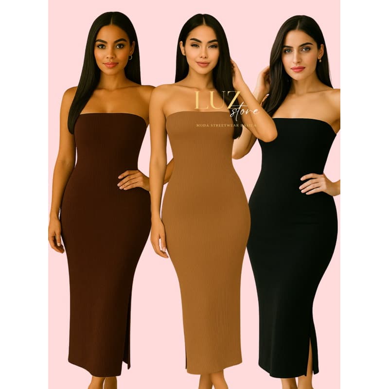 Vestido Midi Longo Tubinho Tomara que caia com Fenda TopTube Canelado Ribamar Premium Modelador