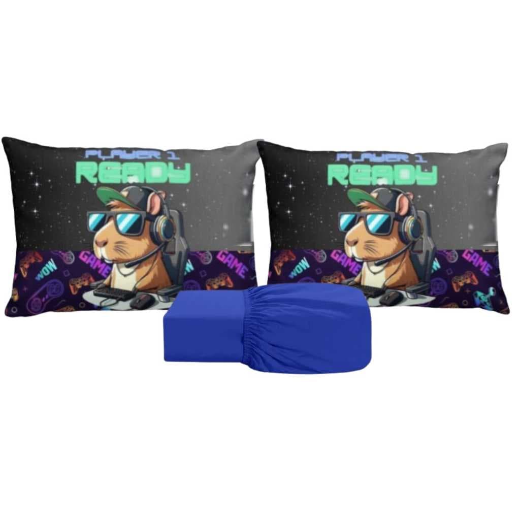 JOGO DE LENÇOL CASAL DE LUXO 3 PEÇAS CAPIVARA GAMER FRONHA TRAVESSEIRO LENÇOL DE ELASTICO