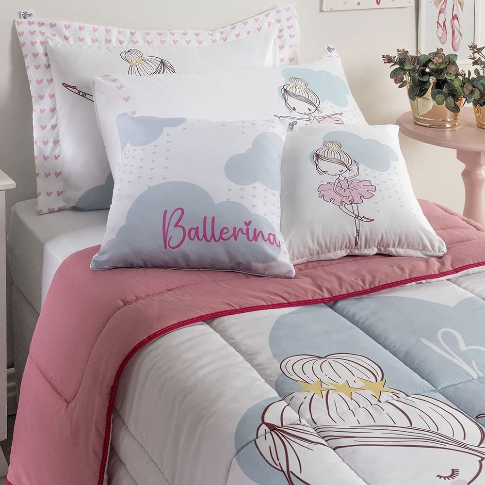 Edredom Infantil Solteiro 5 Peças | Bailarina Estampado | Hipercal 400 Fios | Conforto e Delicadeza