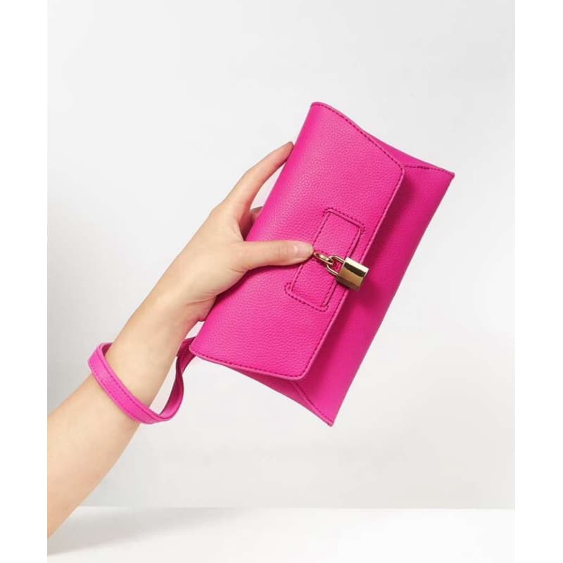 Bolsa quadrada Litchi em relevo cadeado decoração Aba