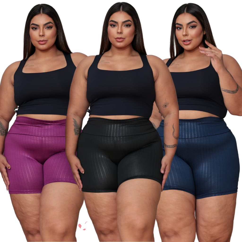 Kit 3 Short Feminino 3D Plus Size Legging Suplex Shortinho Feminina Academia Cintura Alta