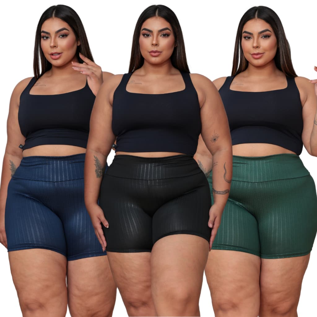 Kit 3 Shortinho Short Feminino 3D Plus Size Suplex Legging Feminina Academia Cintura Alta