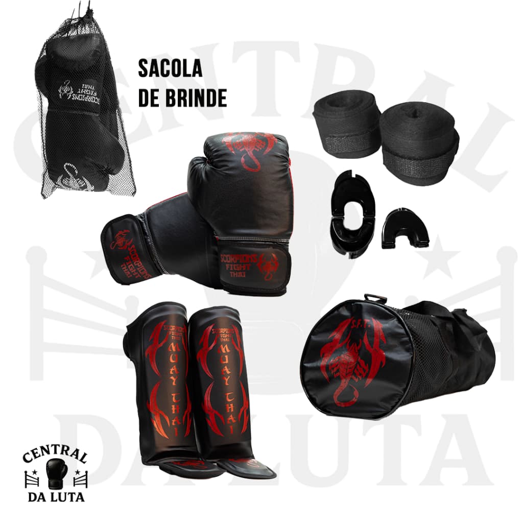 Kit Completo Treino Muay Thai / Boxe – Luva + Caneleira + Bandagem + Bucal + Bolsa + Sacola Brinde
