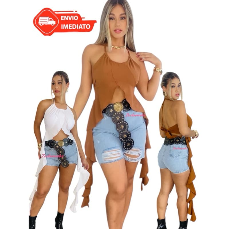 Blusa Bata feminina Boho Casual com Babados Elegante Tendencia Virginia