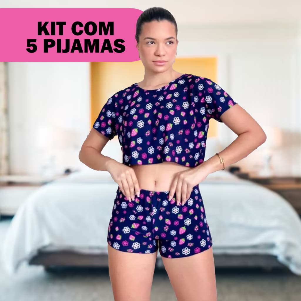 Kit 5 Pijamas Feminino Baby Doll Cropped Com Manga Em Malha Fria
