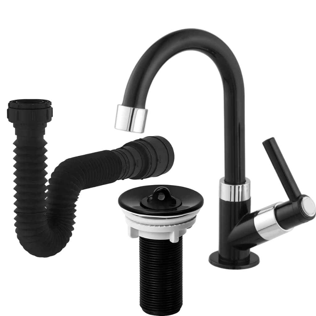 Kit Torneira Pia De Banheiro ABS + Sifão 72cm + Válvula Lavatório 7/8 Preto Novo
