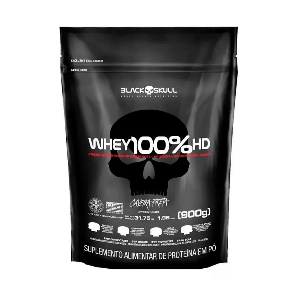Whey 100% Hd Refil Black Skull 900g Wpc Wpi E Wph Pura 3w CAVEIRA PRETA