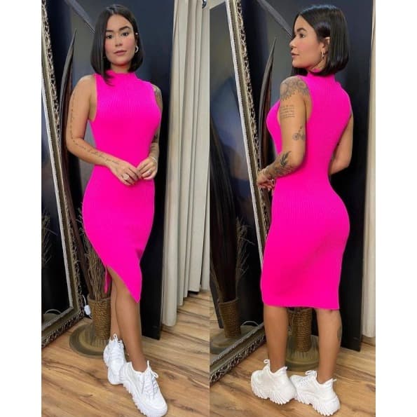 Kit 5 Vestido Feminino Midi Com Fenda Lateral Tecido Canelada Casual
