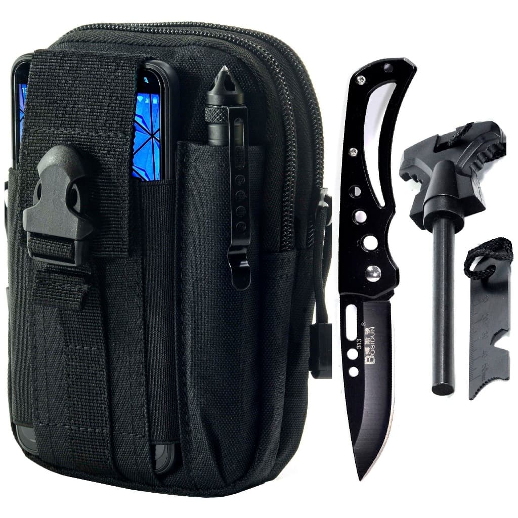 Pochete Bolsa Porta Treco Tático Militar Molle M1+ Pederneira Magnésio+ Canivete Tatico KN BLACK OPS