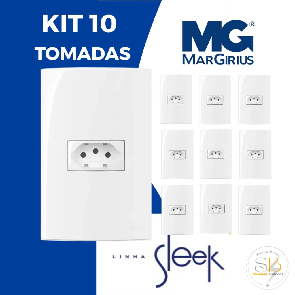 KIT C/ 10 PLACA 4X2 1 POSTO C/ SUP. + TOMADA 10A / 20A BR SLEEK MARGIRIUS