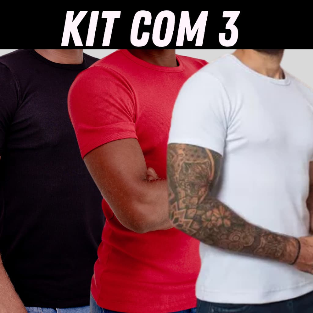 Kit 3 Camisas Canelada Slim Justa ao Corpo Estilo Americano