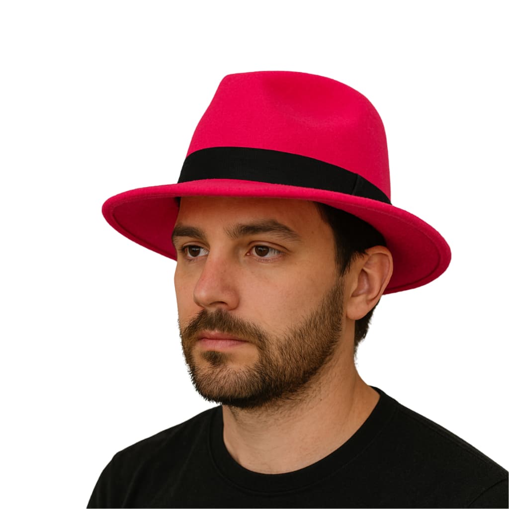 Chapéu De Feltro Vermelho Com Fita Preta Fedora Aba Média Mafioso Ajustável do 55 ao 58