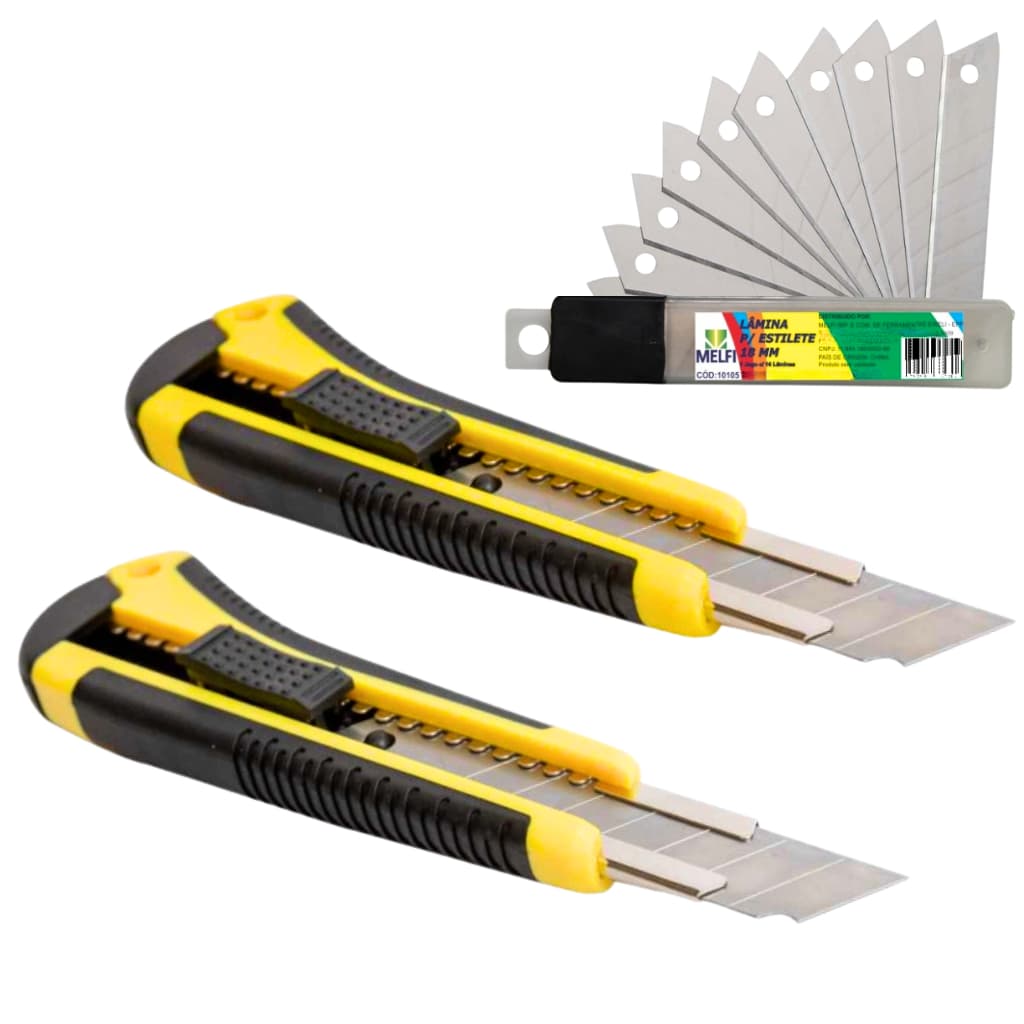 Kit 2 Estilete Emborrachado + 10 Lâminas 18mm Profissional Com Trava  Melfi