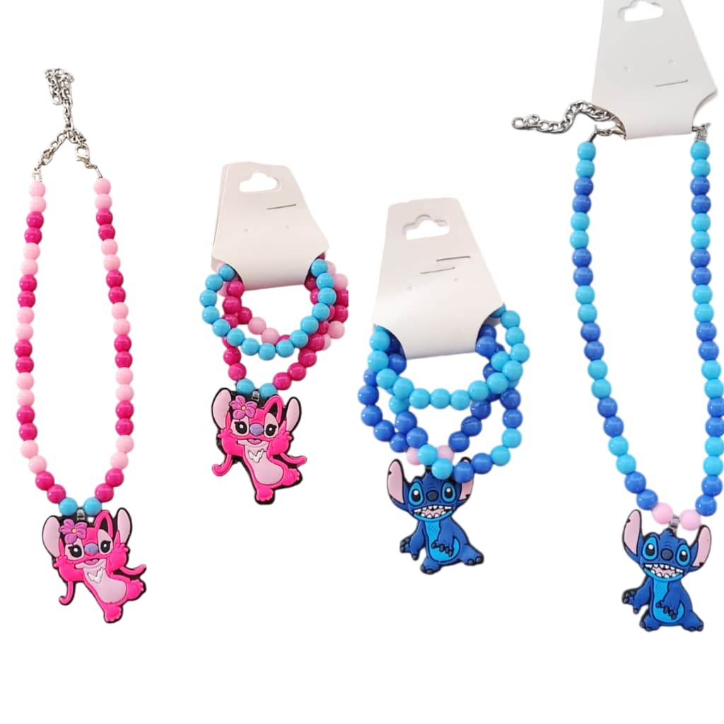 Colar E Pulseira Stich 2 Pingente Moda Infantil Menina kit com 4 PEÇAS