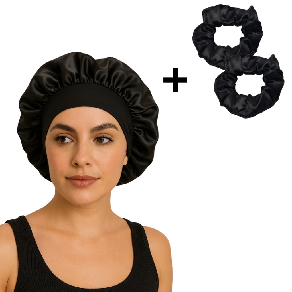 Kit Touca de Cetim + 2 Xuxinhas de Cetim – Proteção e Cuidado Durante o Sono - Cores Sortidas