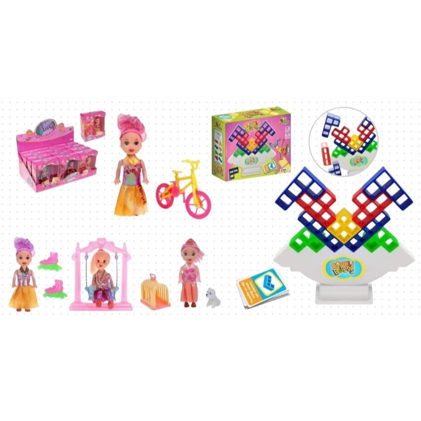 Dois Super Brinquedos(Boneca Amy Passeio+Jogo Equiliblocos)Presente Criança