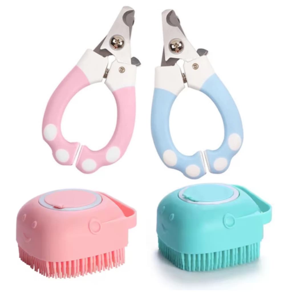 Kit 1 Alicate Corta Unhas + 1 Escova Banho Massageadora Pet Cachorro e Gatos