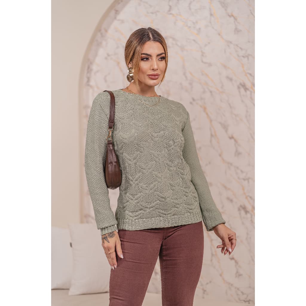Blusa Feminina Tricot Modal Premium Macio Suéter com Tramas Inverno Frio Manga Longa Moda Básica