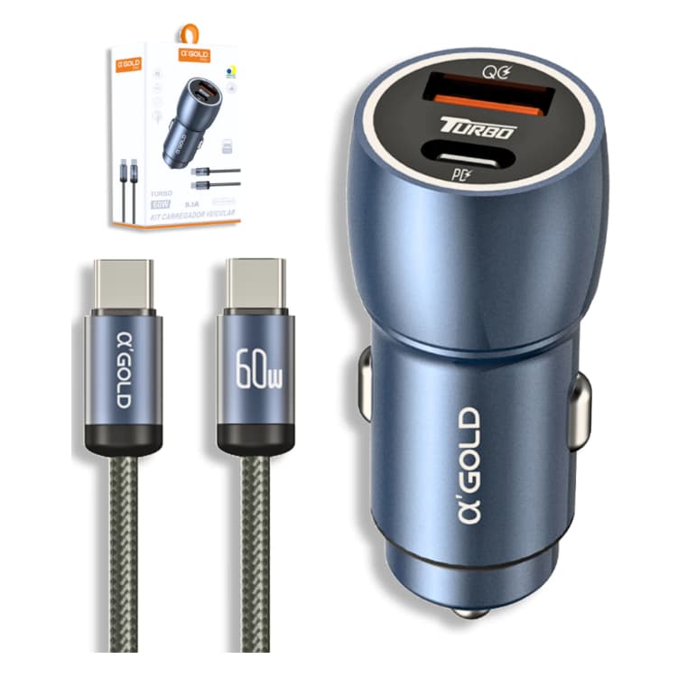 Carregador Veicular 60w Turbo Porta Dupla + Cabo Tipo C Tipo C A'gold CJ13-3