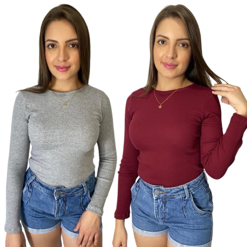 Kit 2 Blusa feminina manga longa canelada Blusa feminina de frio