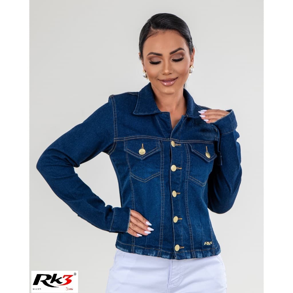 Jaqueta Jeans Feminina Cinturada Rk3 Jeans Botão Blusa Frio