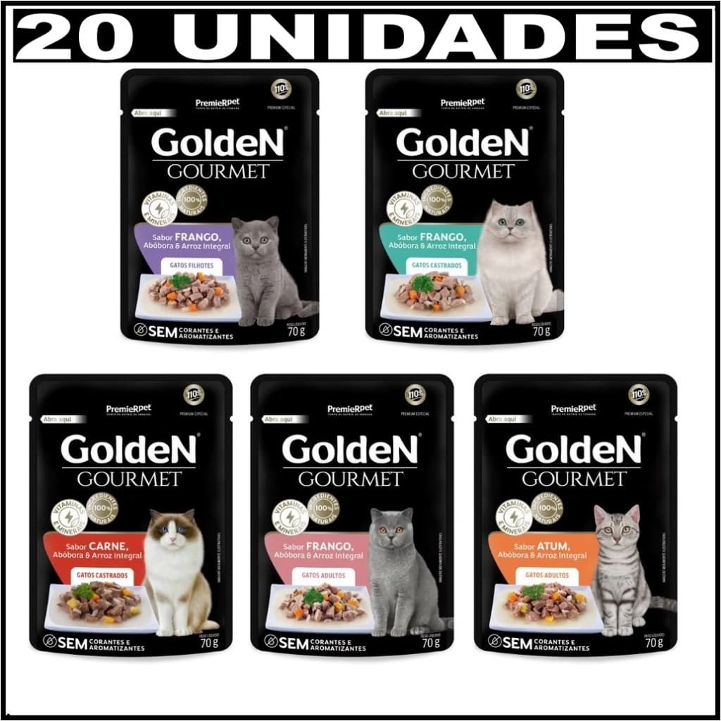 Caixa 20 Sachês Golden Gourmet Gatos Adultos ou Castrados 70g - Ração Umida Golden Gourmet