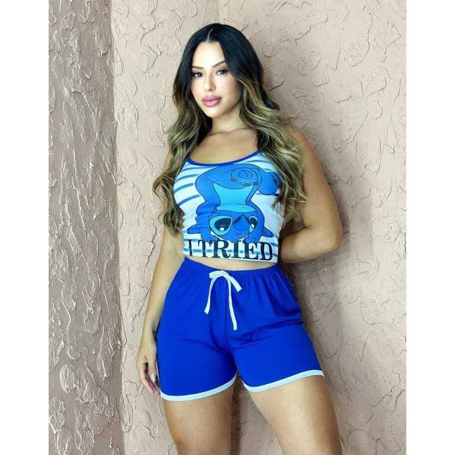 Short Doll Feminino Conjunto de Dormir Baby Doll Blusa Alcinha Personagens em Algodão Pijama Verão