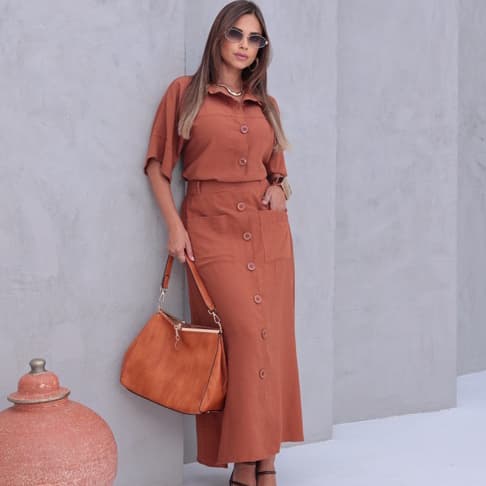 Conjunto Alfaiataria Camise e Saia Femenino com bolsos e Botao e manga Moda evangelica