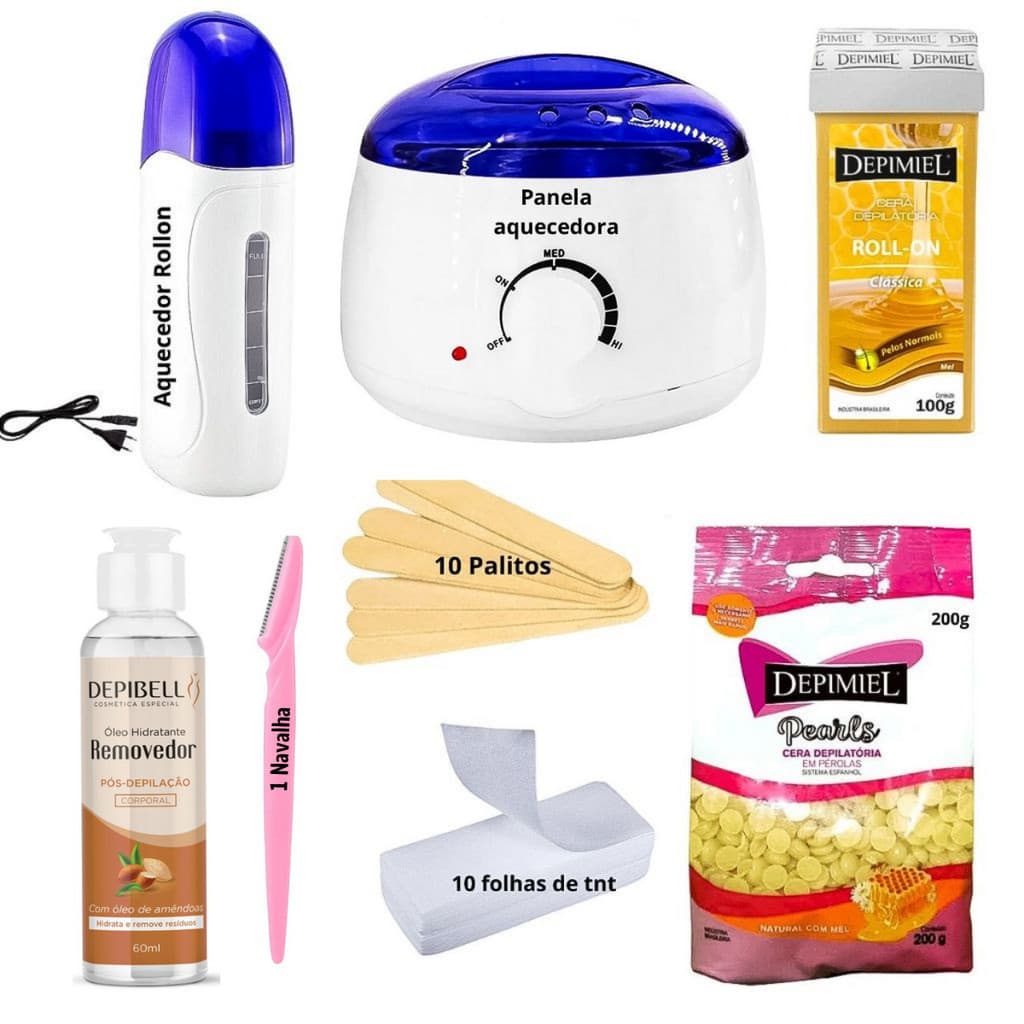 Kit Depilaçao Panela Cera MEL Quente Depimiel Palitos Folhas De Tnt Aquecedor