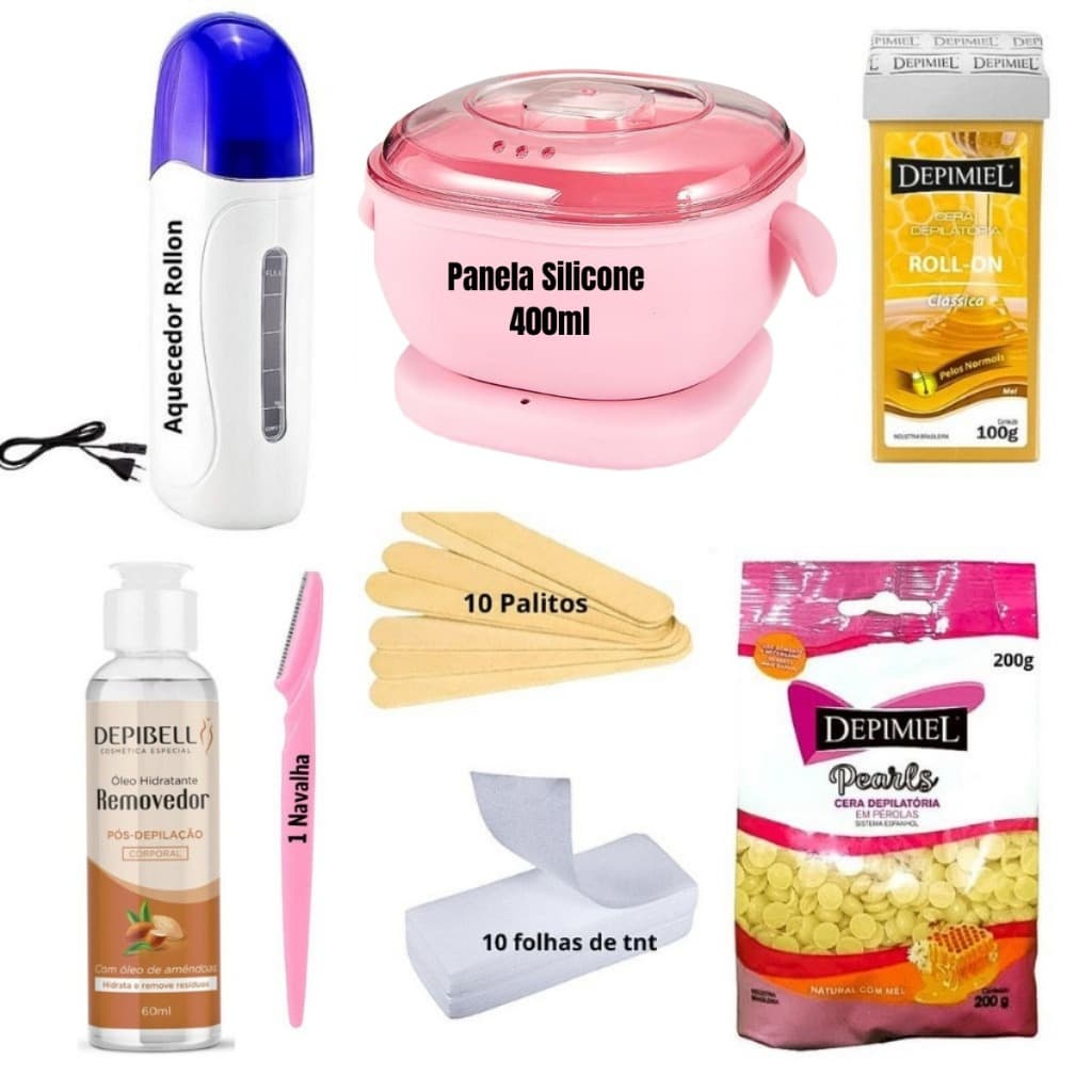 Kit Completo para Depilação Em casa PANELA DE SILICONE PARA CERA 400g + Rollon + Cera 500g + Palito