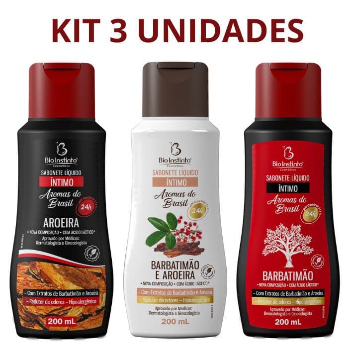 Kit 3 Sabonete Íntimo líquido Barbatimão + Aroeira + Barbatimão e Aroeira Bio Instinto 200ml