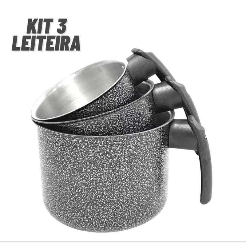 Jogo Caneca Kit 3 Peças Leiteiras Canecão Fervedor Em Alumínio Preto Craqueado