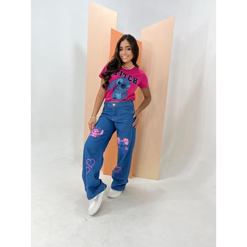 Calça Jeans Wide Leg Stitch & Angel Juvenil Premium Feminina Moda Estilo Gringa Blogueirinha