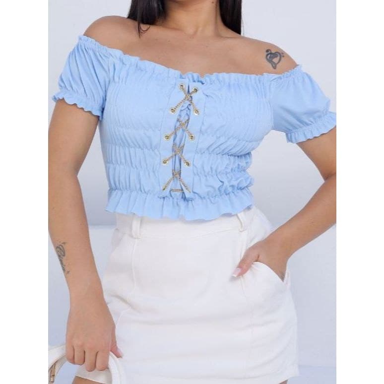 blusa feminina cropped com manga , bojo , correntinha em tendencia