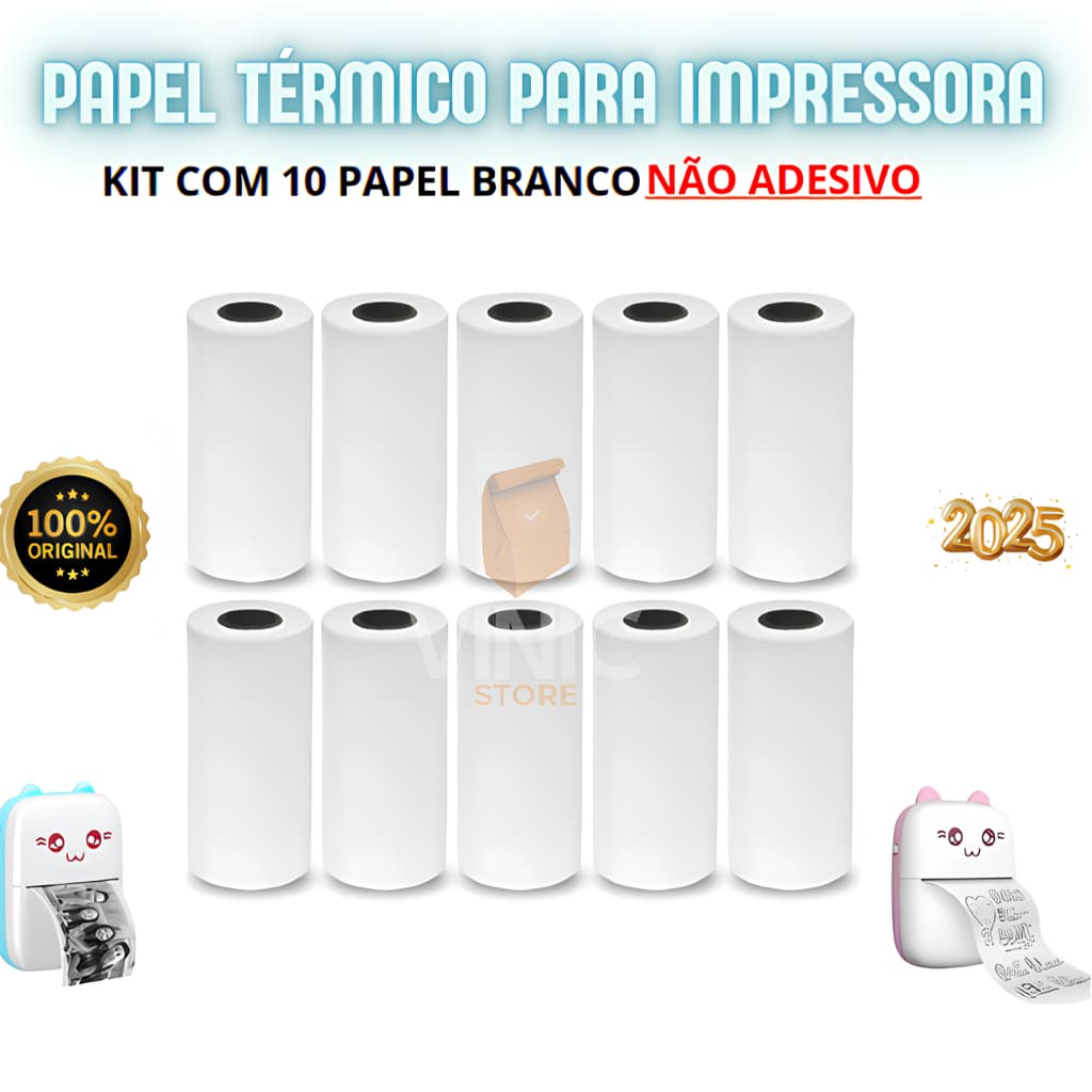 Kit 10 Bobina Para Mini Impressora Portátil Térmica 57x30mm Não Adesivo Bobina Branca com 100 Metros