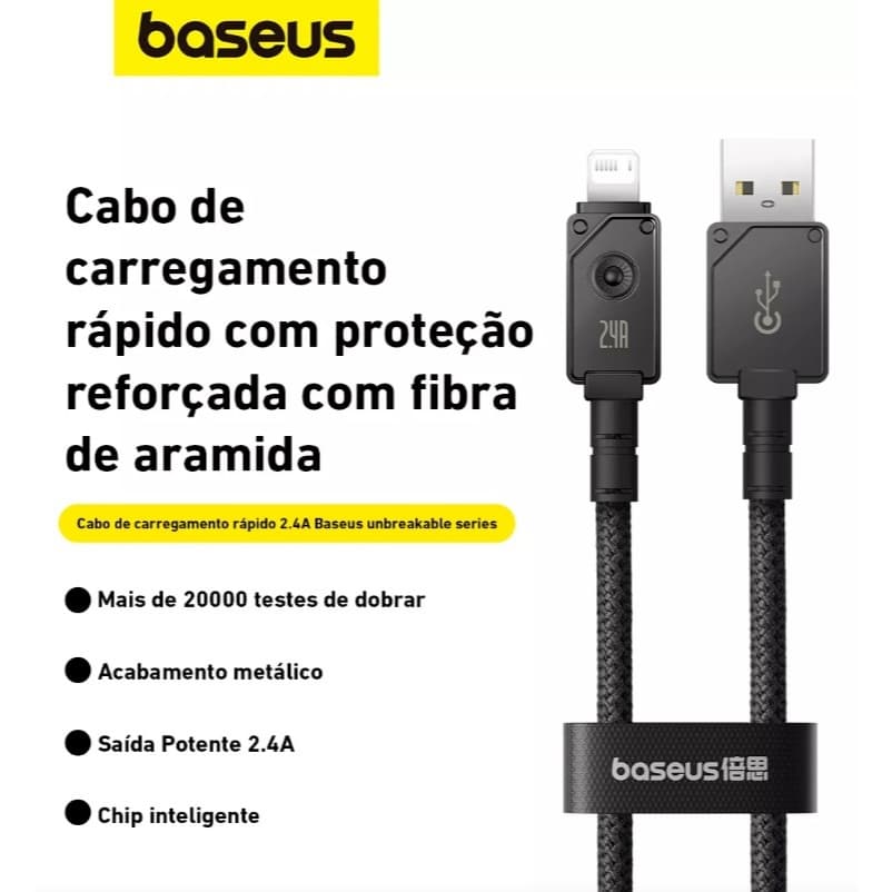 Cabo Baseus Resistente 2.4a P/ iPhone Usb Lightning 1 e 2 Metros Cor Preto