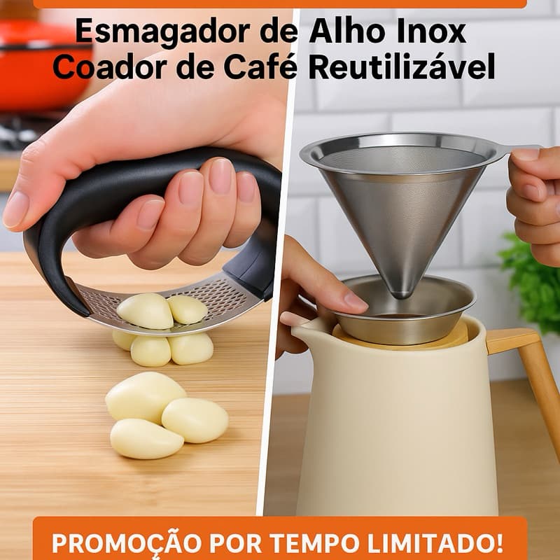 Combo Cozinha Prática - Esmagador de Alho Inox + Coador de Café Reutilizável