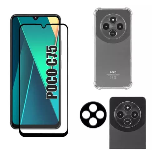 KIt Pelicula Vidro 3D Xiaomi Poco C75 + Capa Capinha Anti Shock + Pelicula Camera 3D