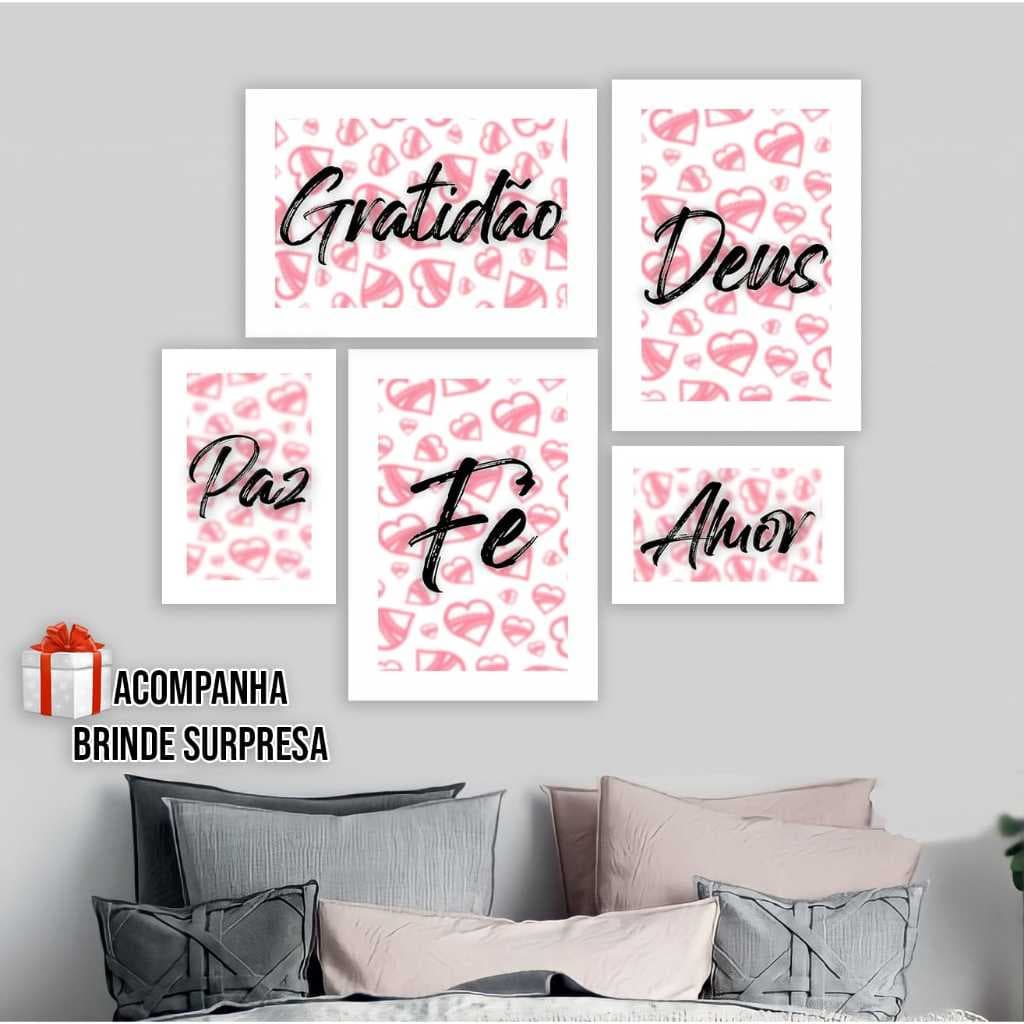 Kit 5 Quadros Deus gratidão paz fé amor decoração