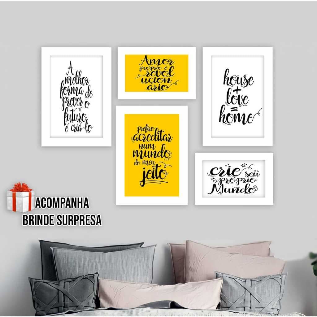 Kit 5 Quadros decorativos a melhor forma amarelo decoração sala