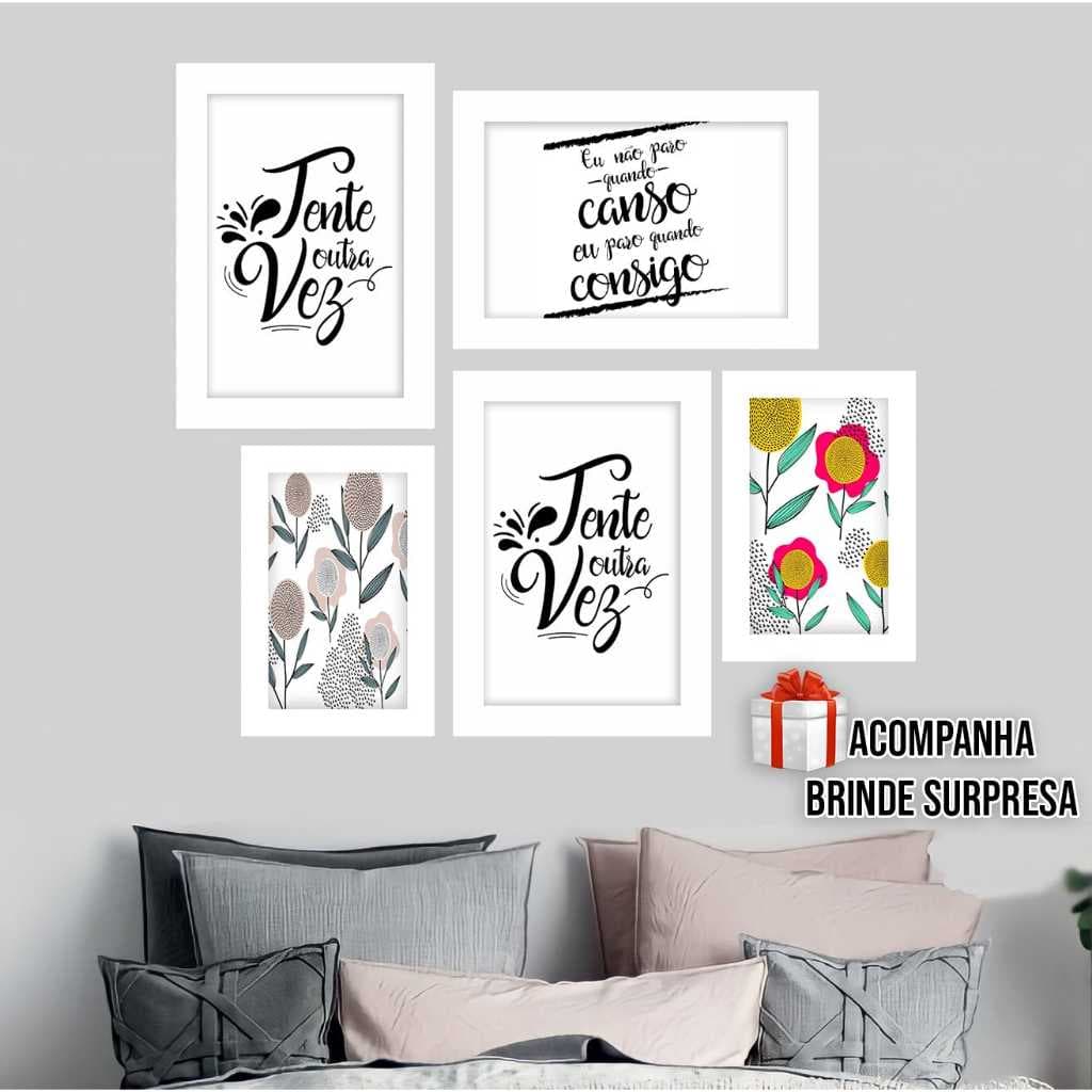 Kit 5 Quadrinhos Quadros tente outra vez para quarto