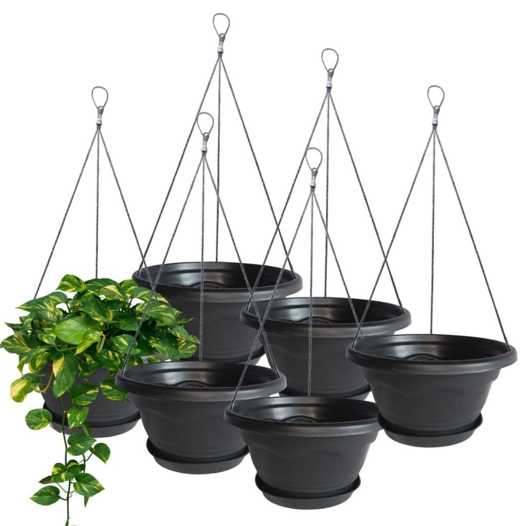 Kit 6 Vaso Cuia Suspenso Pendente Completo Para Plantas Como Samambaia Avenca Com Prato 01 Preto + Cabo de Aço 44cm 1927