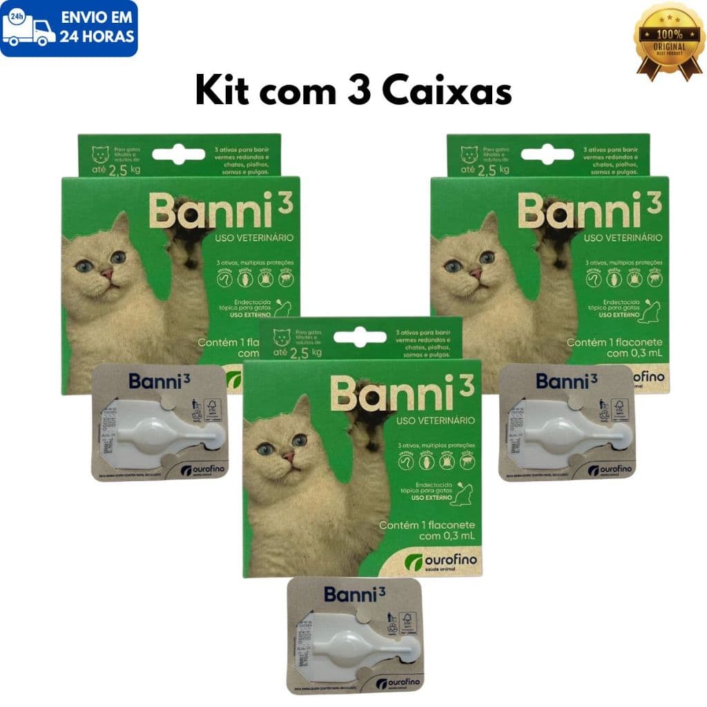 Antipulgas Vermes Sarnas Ourofino Banni 3 para Gatos filhotes até 2,5 Kg