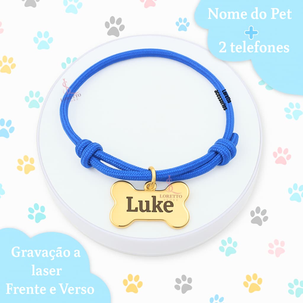 Coleira de osso dourado com nome do cachorro personalizado a laser B4P