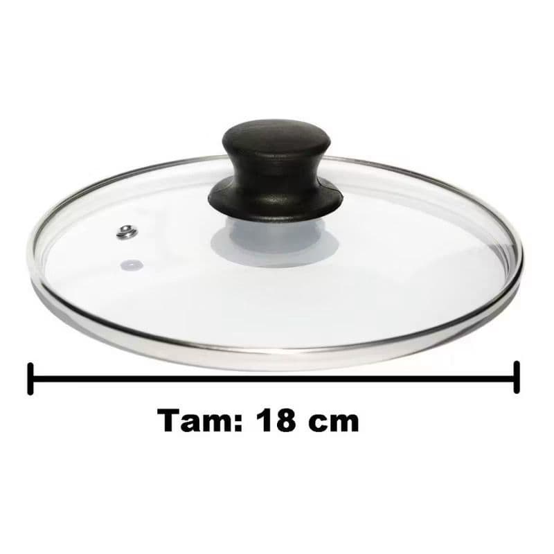 TAMPA DE VIDRO N 18 CM TEMPERADO AULSA PARA PANELAS E FRIGIDEIRAS- COM BORDA DE AÇO- COM POMEL PUXADOR PRETO | UNIVERSAL