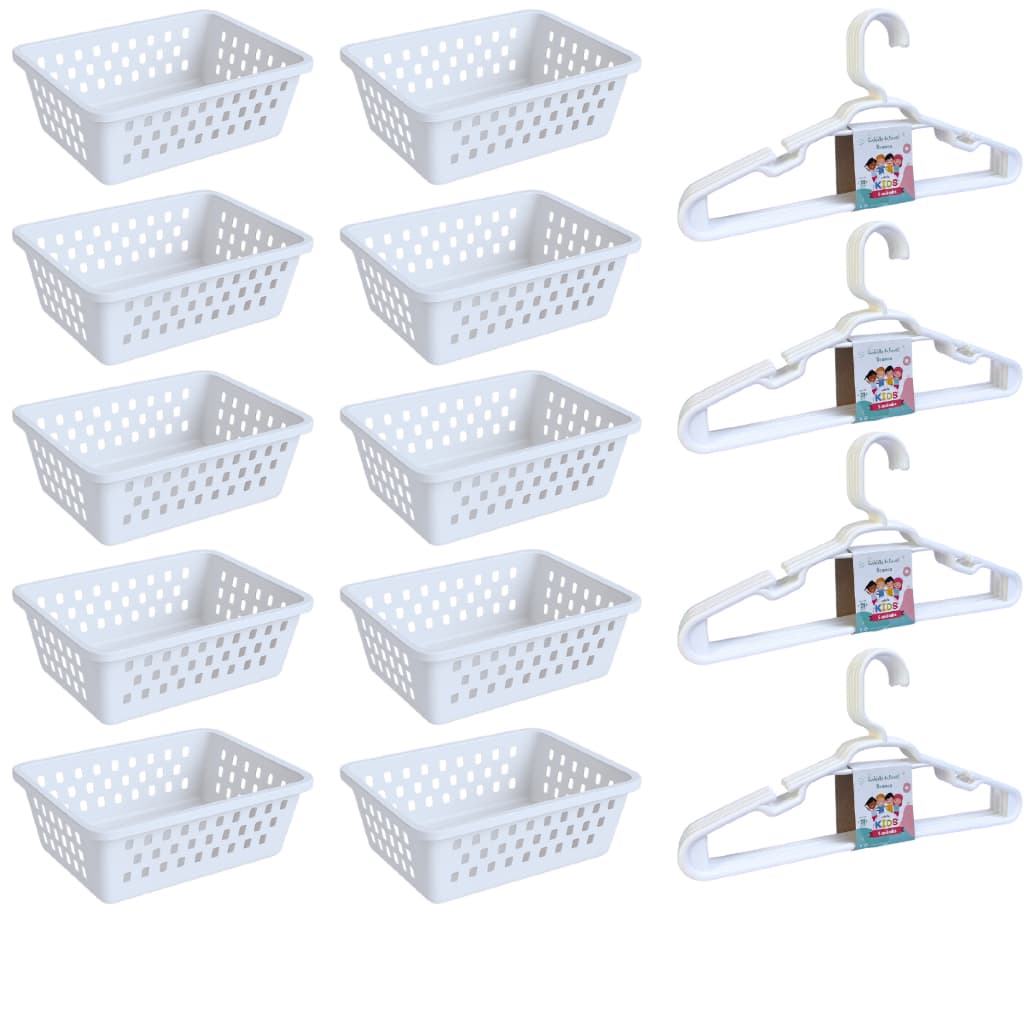 Cesto Organizador e Cabide infantil Kit 10 Cestinhas e 20 Cabides Bebe Branco