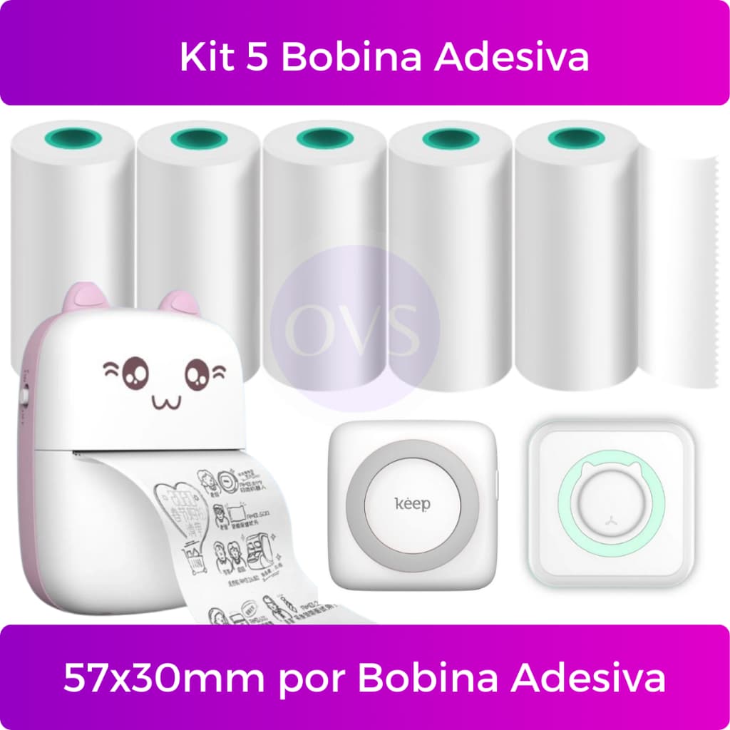 Kit 5 Bobina Etiqueta Termica Adesiva 57mm Branco Para Mini Impressora Portátil