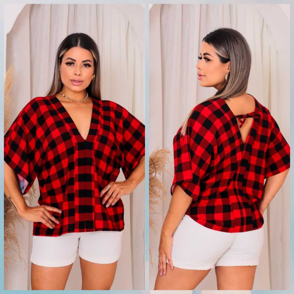 BLUSA PLUS SIZE XADREZ MANGA MORCEGO