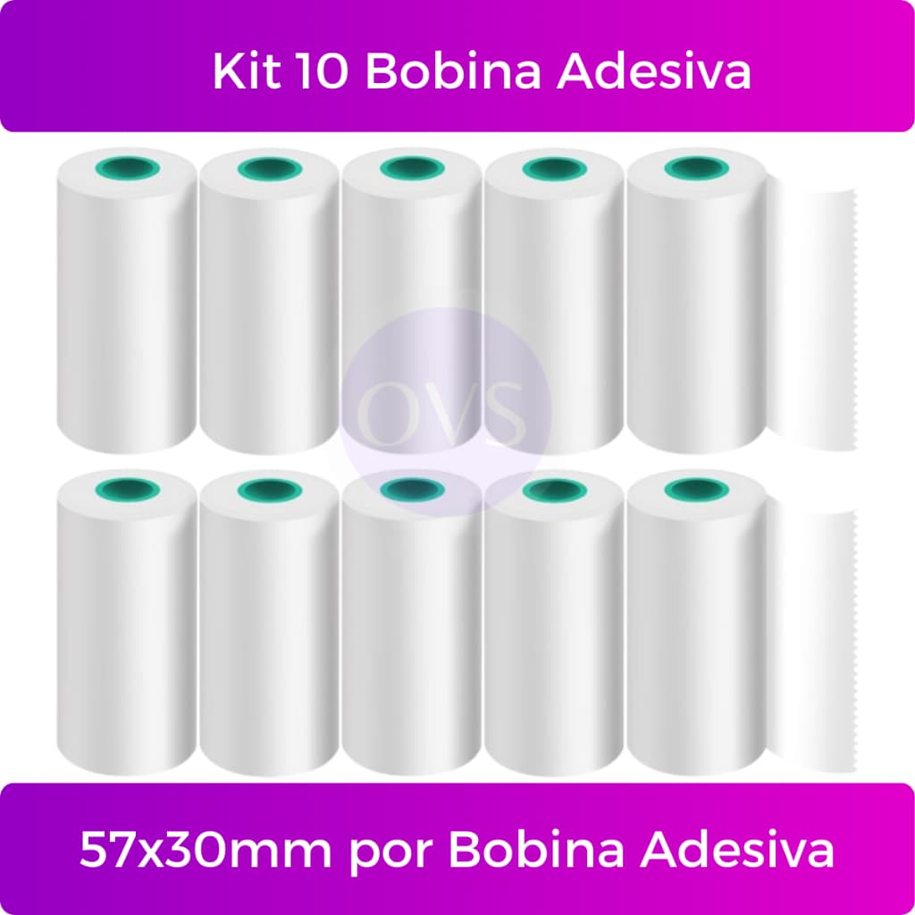 Kit 10 Bobina Etiqueta Termica Adesiva 57mm Branco Para Mini Impressora Portátil